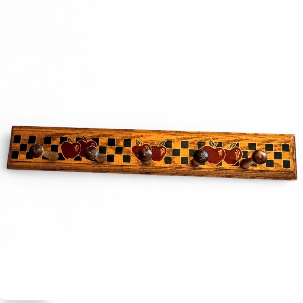 Vintage Wooden Wall Coat Rack Hand Painted Apple Checker Farmhouse Cottagecore